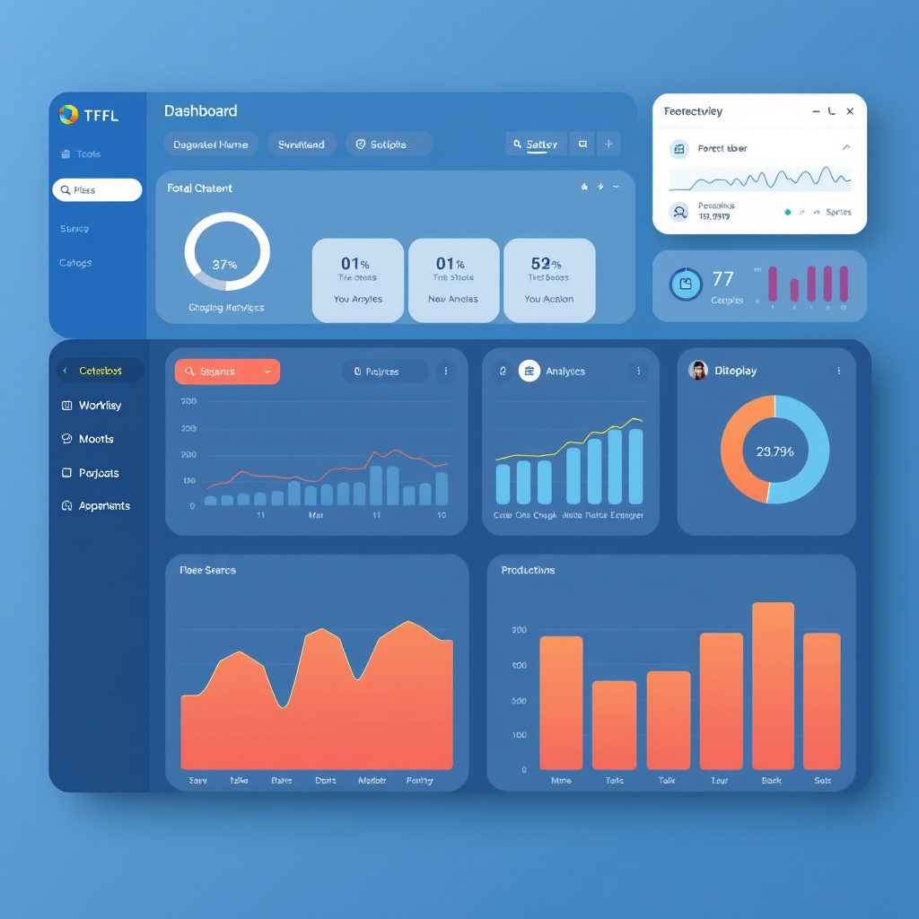 Modern TFL dashboard interface showing workflow automation tools, analytics charts, and productivity metrics on a clean blue interface