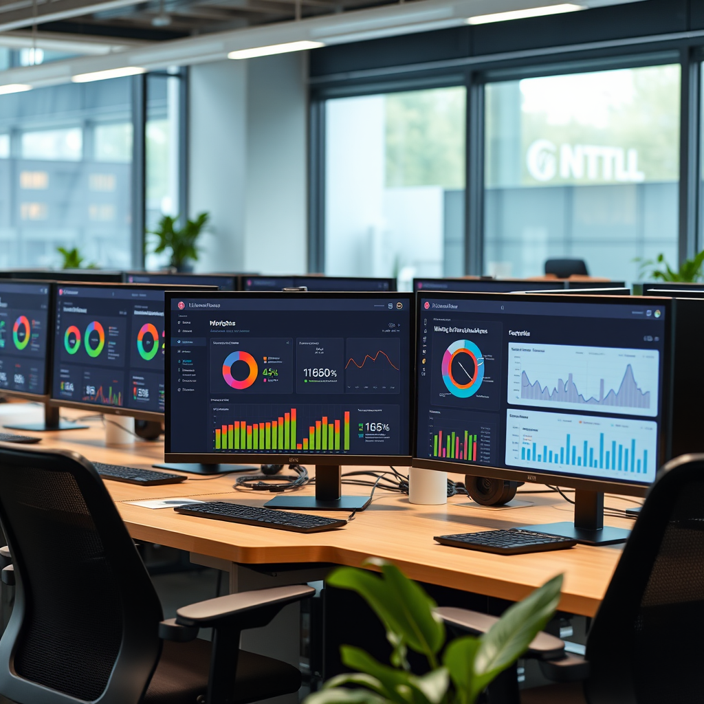 Modern office workspace showing multiple computer screens displaying TFL's AI-powered workflow automation dashboard with colorful charts, task management interfaces, and productivity metrics