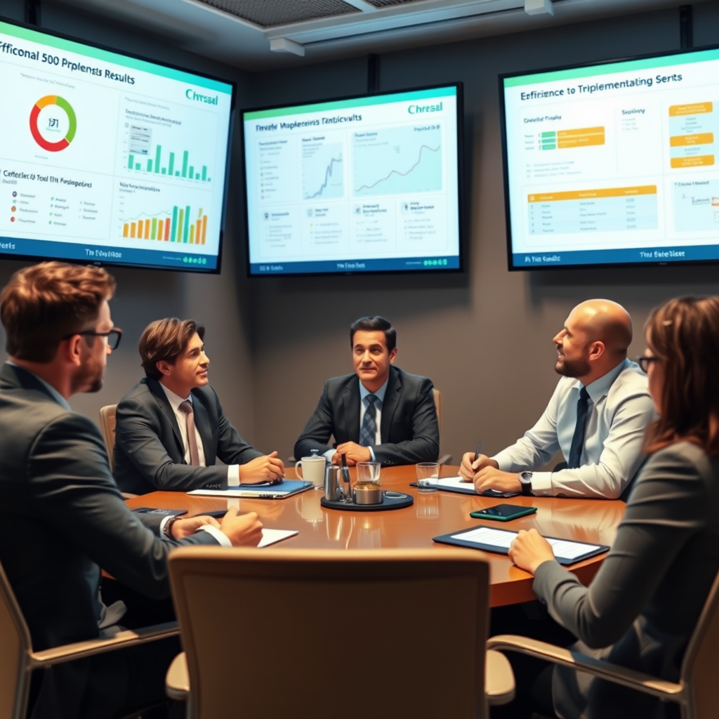 Professional business meeting showing Fortune 500 executives reviewing TFL implementation results on large screens displaying efficiency metrics and workflow diagrams