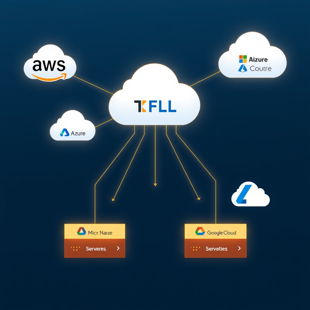 Modern cloud infrastructure visualization showing interconnected servers and data centers representing TFL's partnership with AWS, Microsoft Azure, and Google Cloud Platform