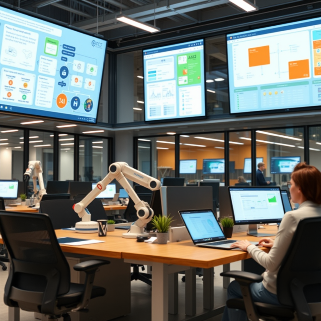 Modern office workspace showing automated workflow systems with digital screens displaying process flows, robotic process automation tools, and interconnected business applications streamlining operations