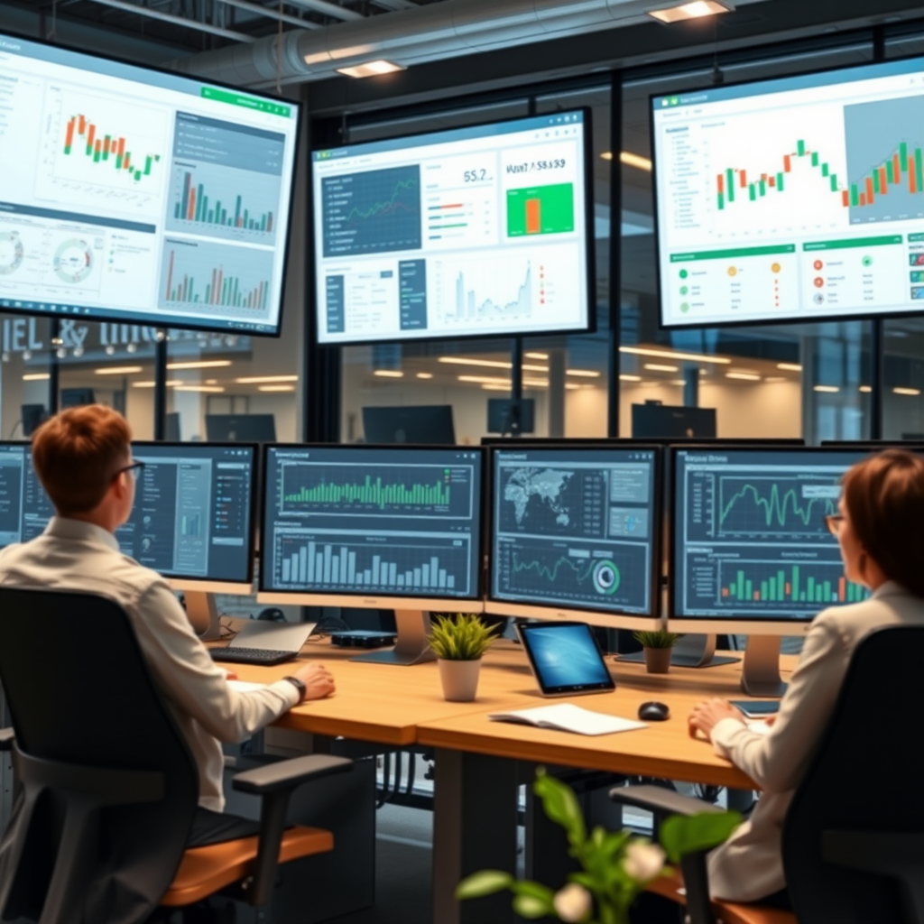 Modern office workspace showing automated workflow systems on multiple screens with data visualization dashboards and process flow diagrams