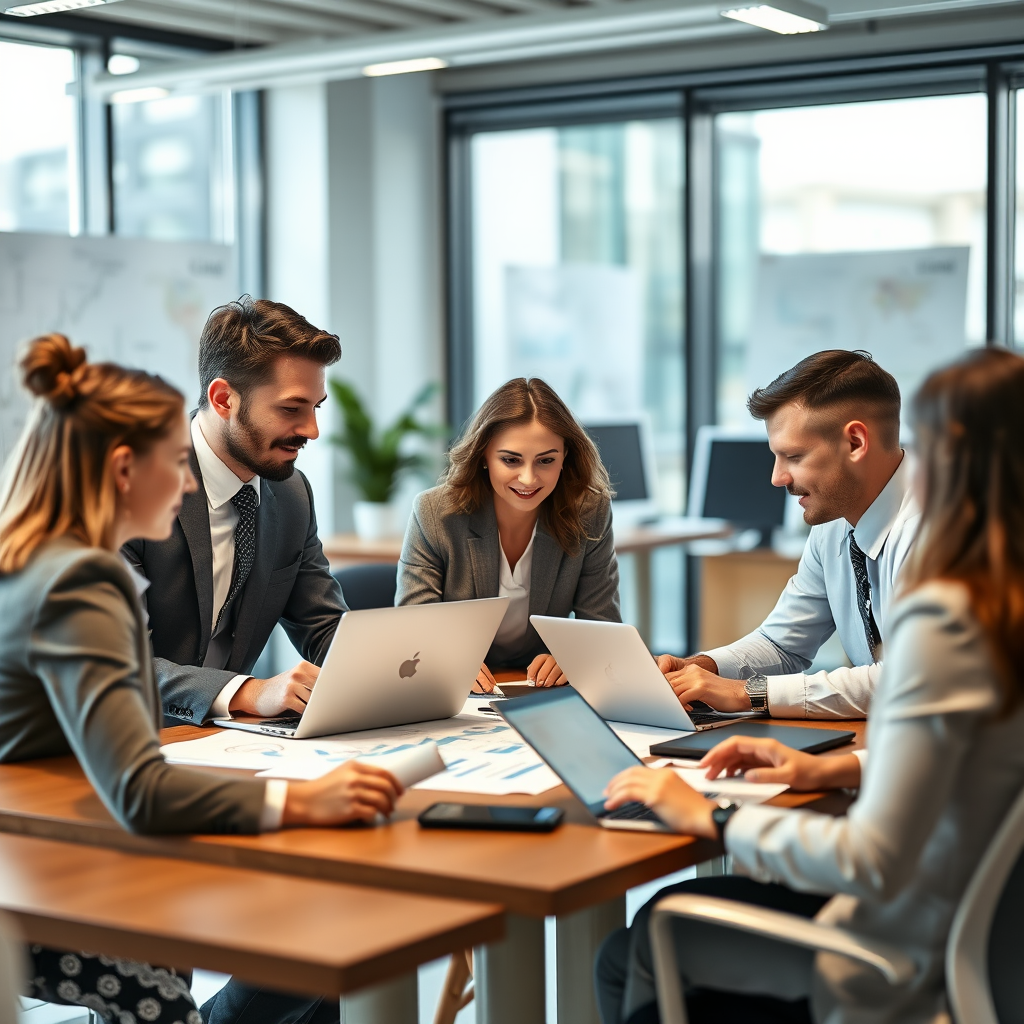 Professional consultants working on digital transformation strategy with laptops, charts, and modern technology in a bright office environment