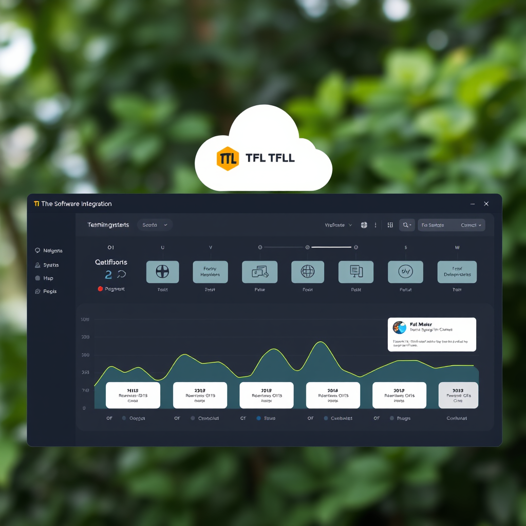 Custom software integration dashboard showing connected systems and data flow visualization with TFL branding