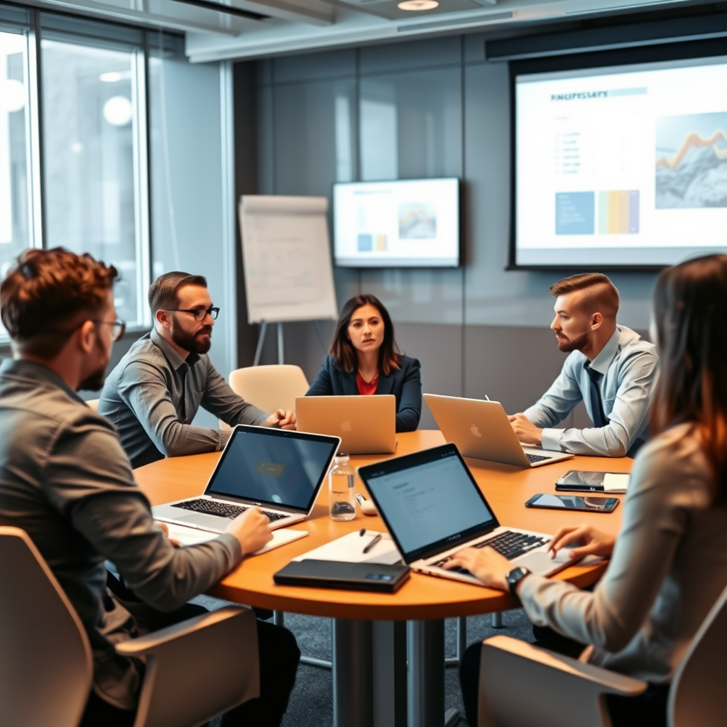 Professional team training session with TFL experts conducting hands-on workshop in modern conference room with laptops and presentation screens