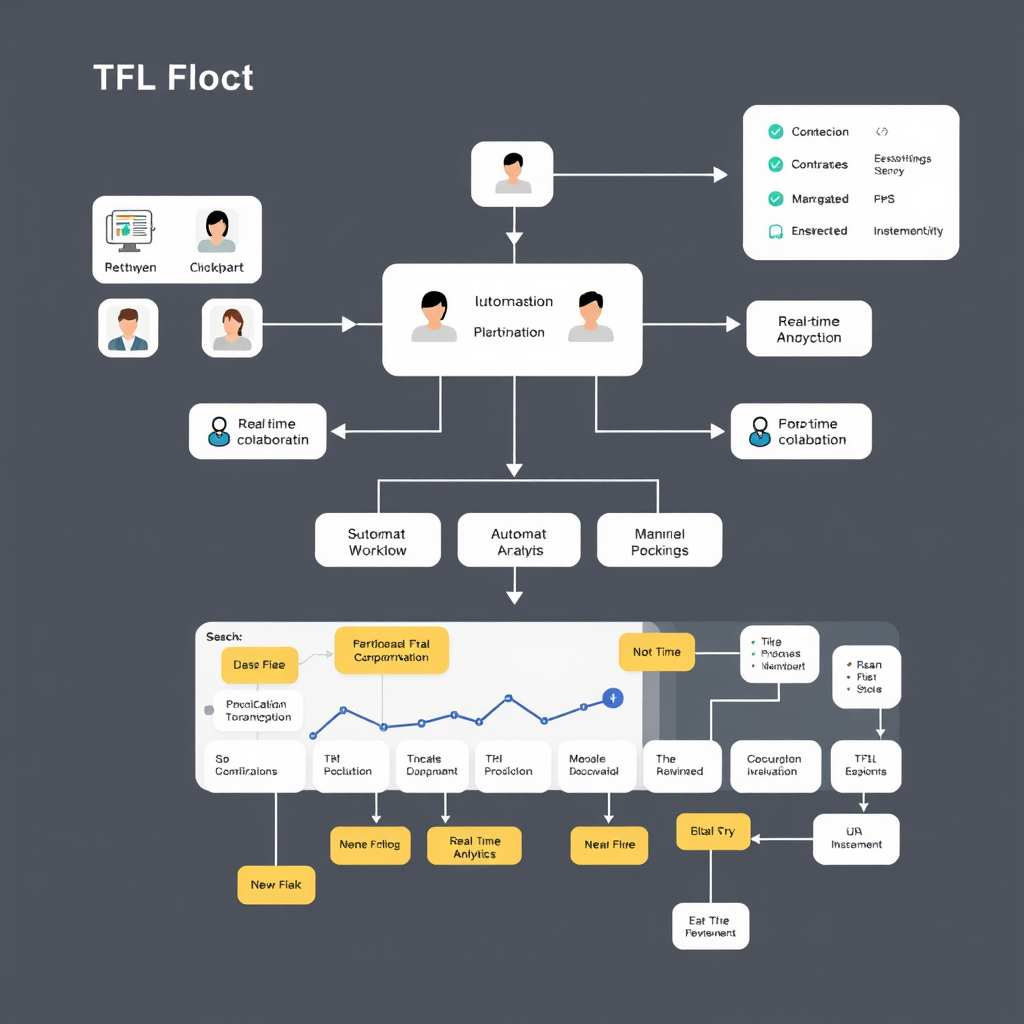 Detailed TFL workflow diagram showing automated processes, team collaboration features, and real-time analytics dashboard with interconnected workflow nodes