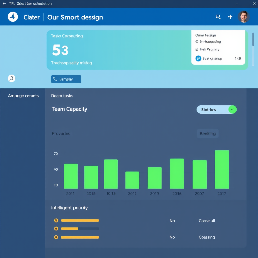 Clean interface screenshot of TFL's smart task scheduling dashboard showing automated task assignments, team capacity indicators, and intelligent priority rankings with blue and green color scheme
