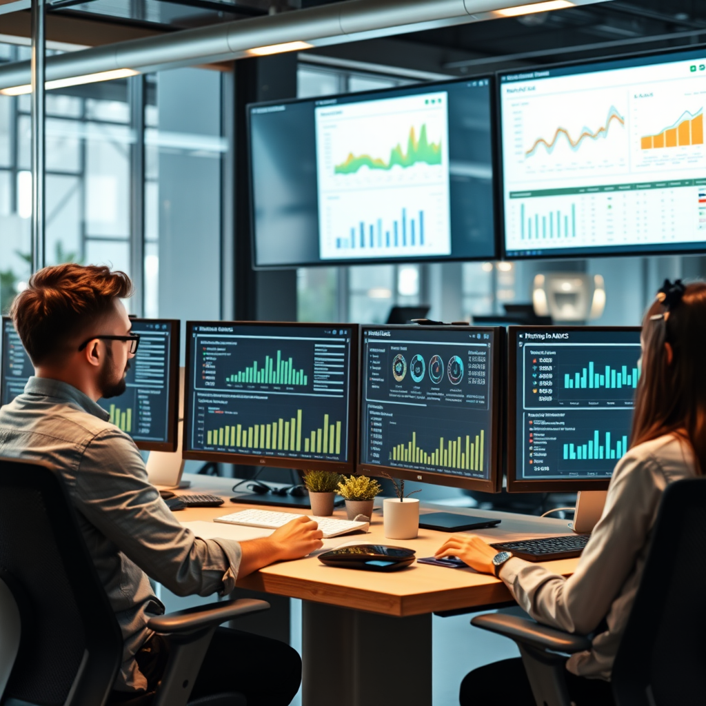 Modern technology company office showing employees working with TFL dashboard displaying real-time workflow analytics and project management metrics on multiple monitors