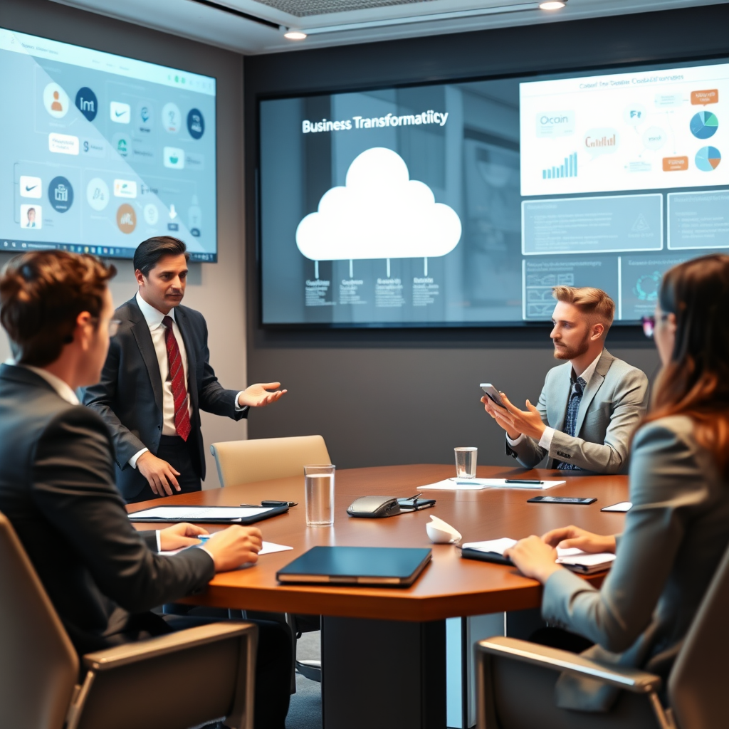 Professional business consultants presenting digital transformation strategy with modern technology displays, cloud computing diagrams, and digital innovation concepts in a corporate boardroom setting