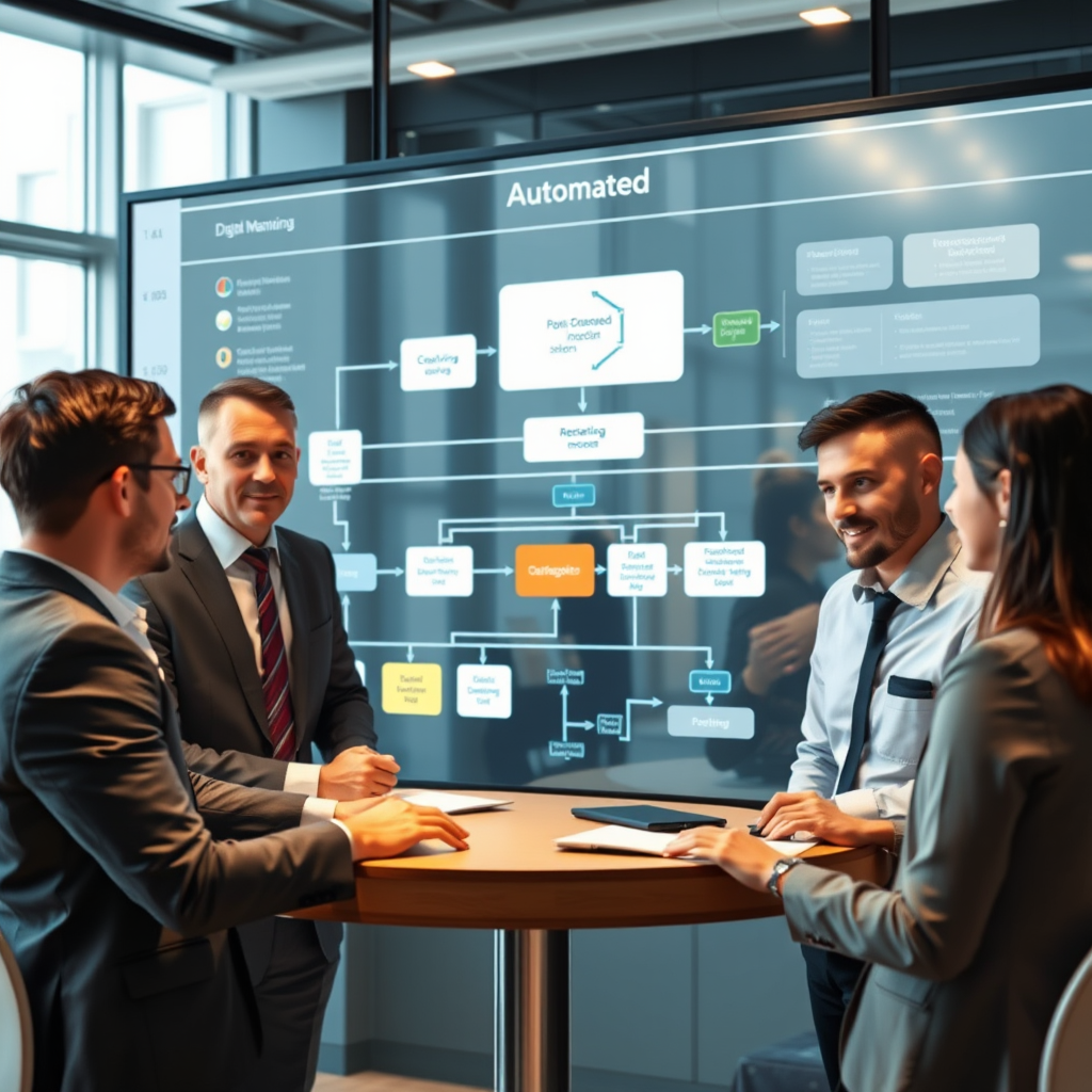 Business professionals collaborating around a digital workflow diagram showing automated processes, data flows, and system integrations on a large interactive display