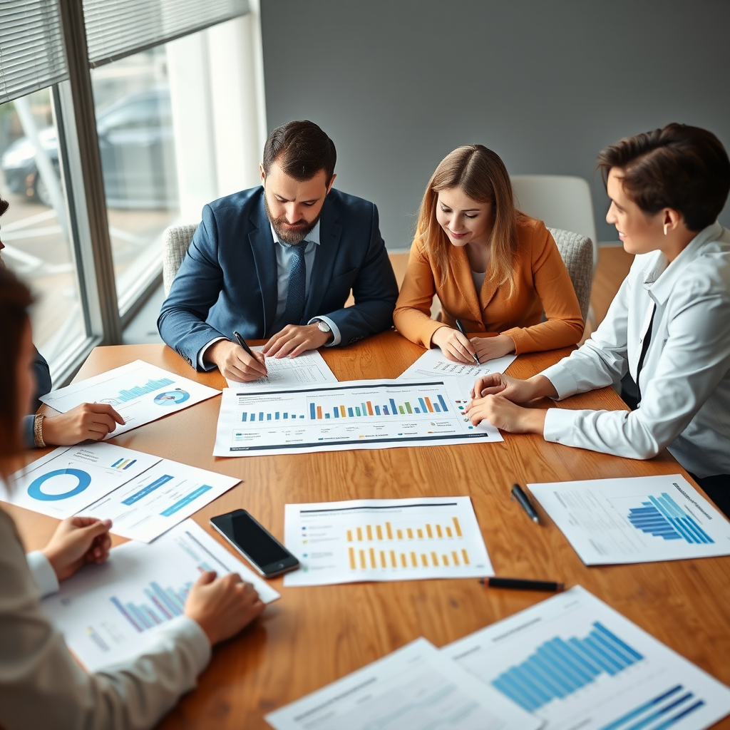 Business professionals analyzing digital strategy roadmap with charts, graphs, and technology assessment documents on a conference table