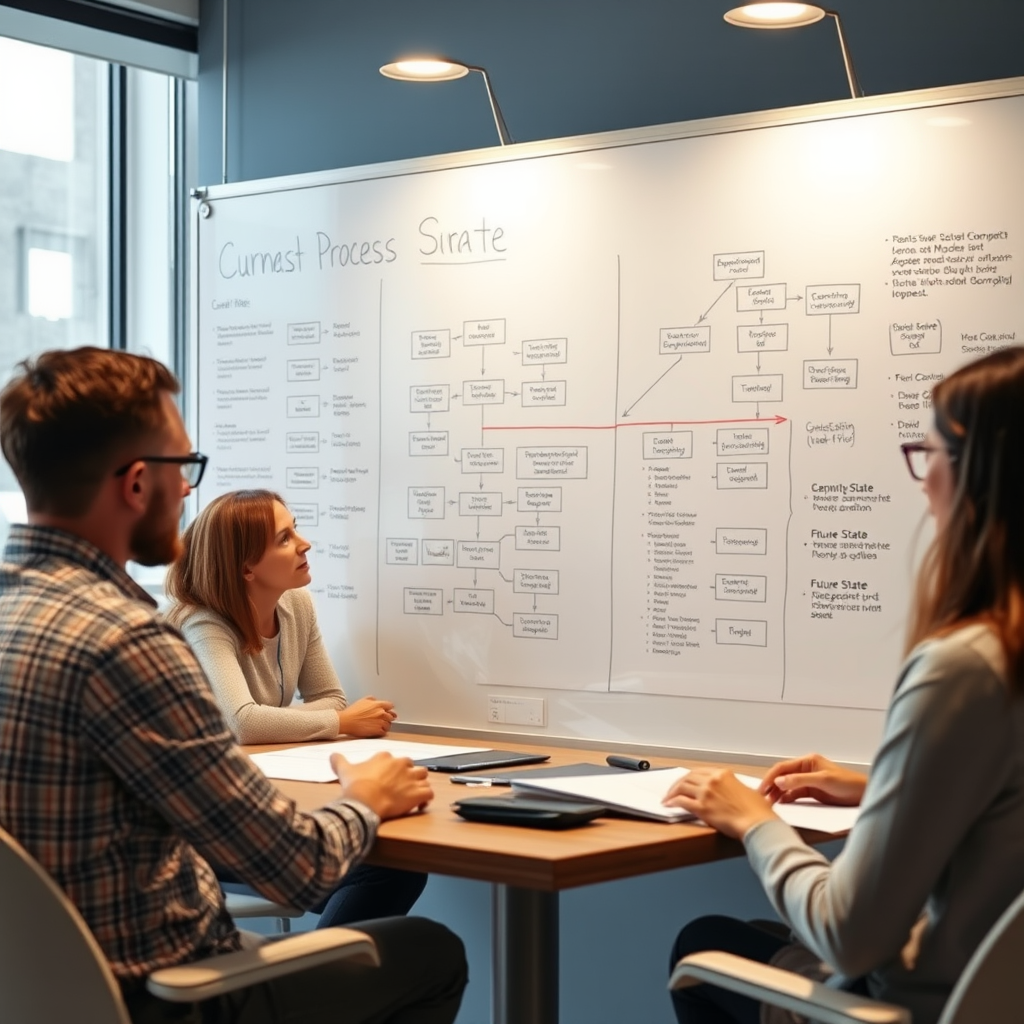 Business process mapping session with team members analyzing workflow diagrams on a whiteboard, showing current state and future state process flows