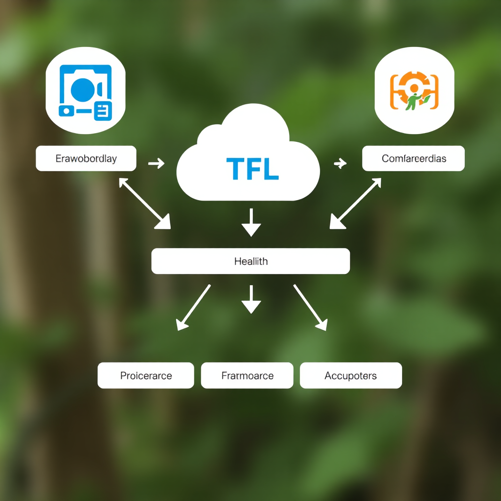 Technical diagram showing various business applications connected through TFL integration platform with data flow arrows