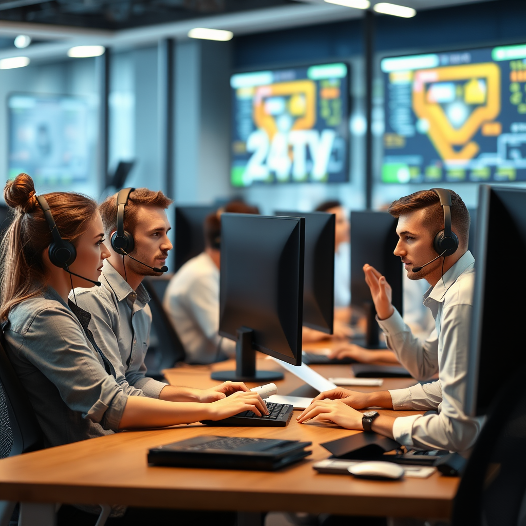 24/7 support team working at modern help desk with multiple monitors and headsets providing technical assistance