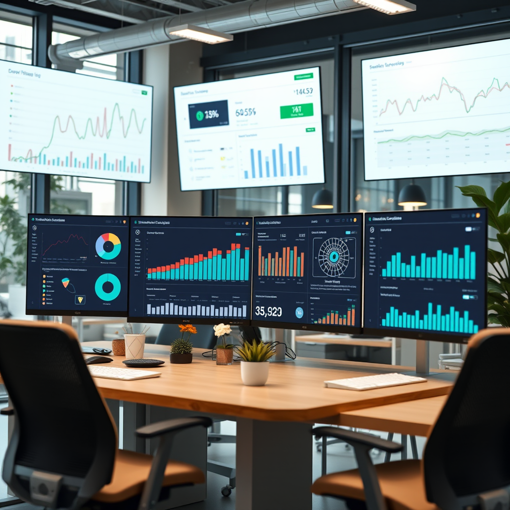 Modern office workspace with AI-powered workflow automation dashboard displaying analytics, task scheduling interface, and productivity metrics on multiple screens
