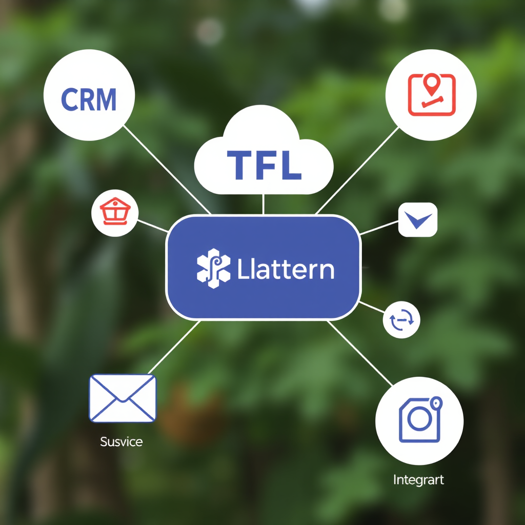 Network diagram showing TFL platform at center connected to various business software icons including CRM, ERP, email, calendar, and project management tools with connecting lines and integration symbols
