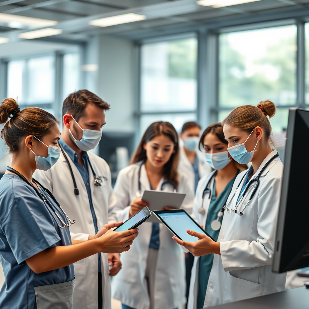 Modern healthcare facility showing medical professionals using TFL workflow management system on tablets and computers to coordinate patient care and administrative processes