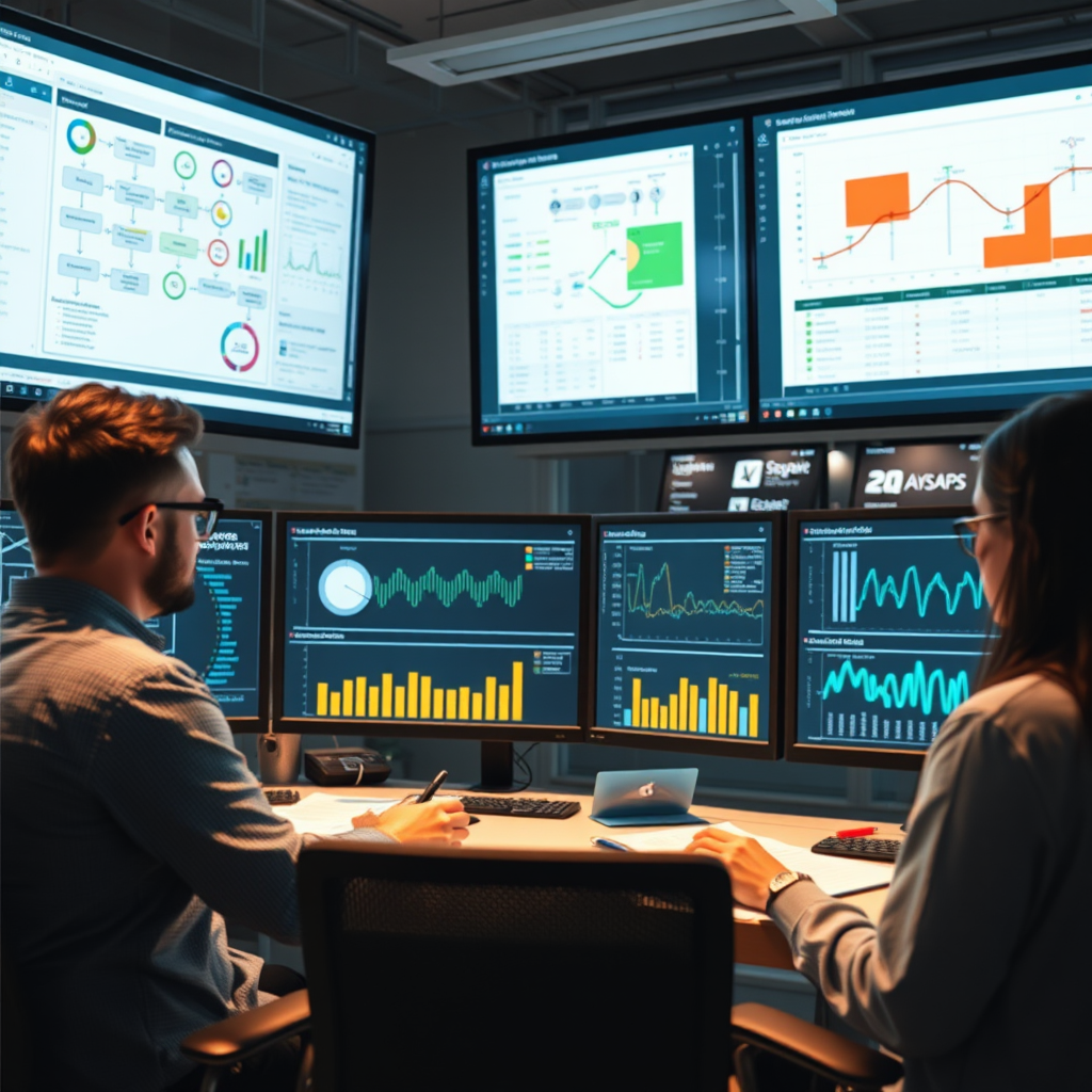 Business analysts examining workflow diagrams and process maps on large monitors, with efficiency metrics, performance charts, and optimization tools displayed in a modern analytics workspace