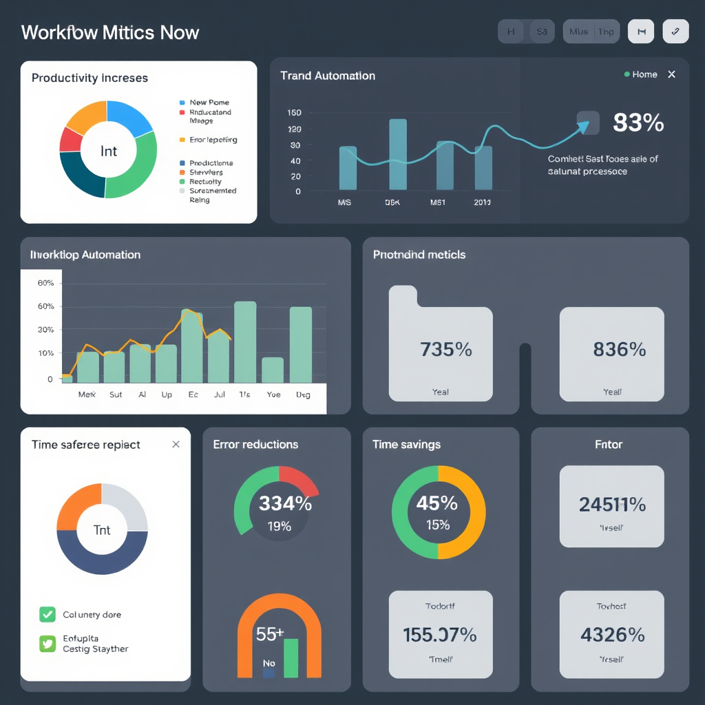 Dashboard showing workflow automation metrics with graphs displaying productivity increases, error reduction percentages, and time savings across different business processes