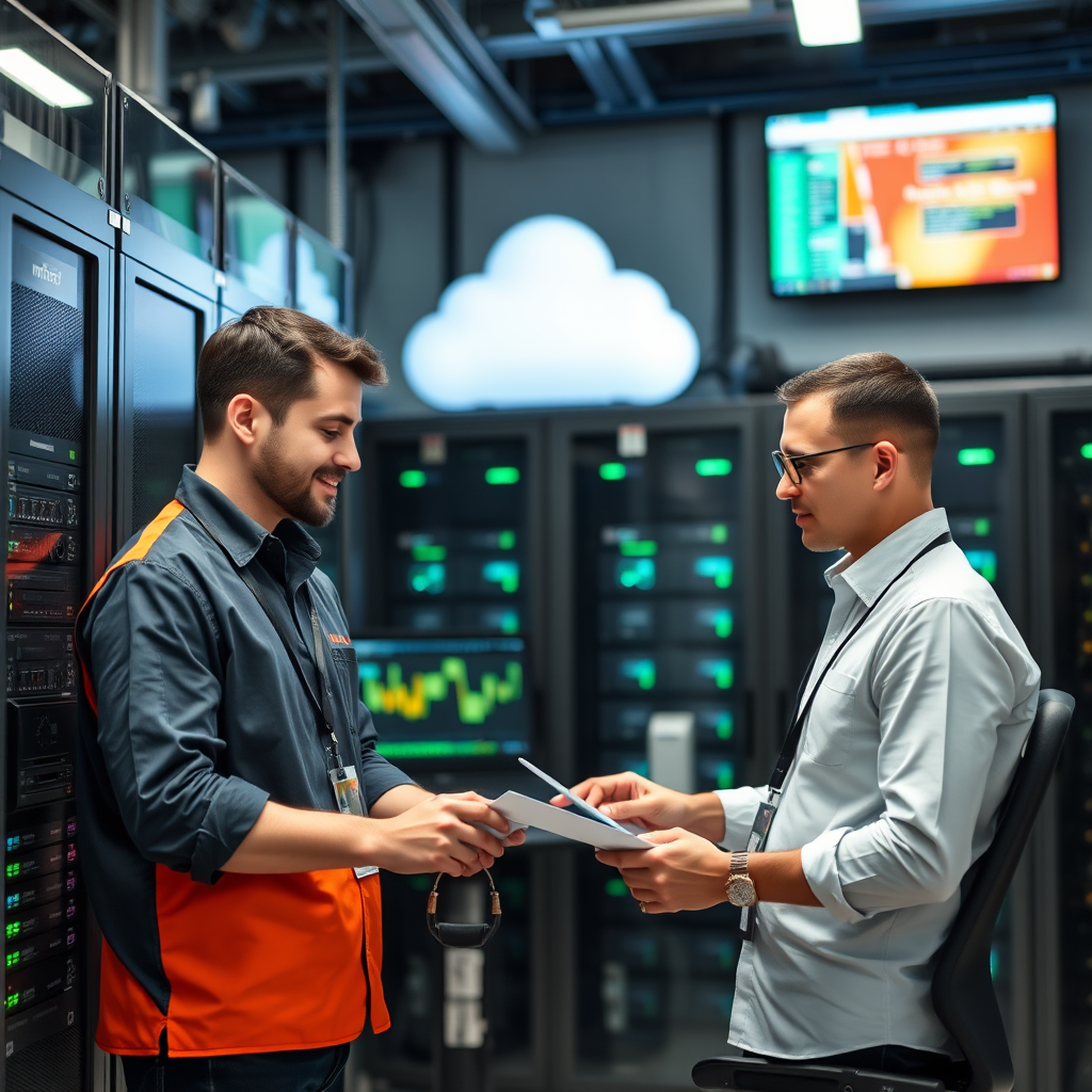 IT specialists implementing cloud solutions and modern software systems with servers, computers, and digital infrastructure in a modern data center