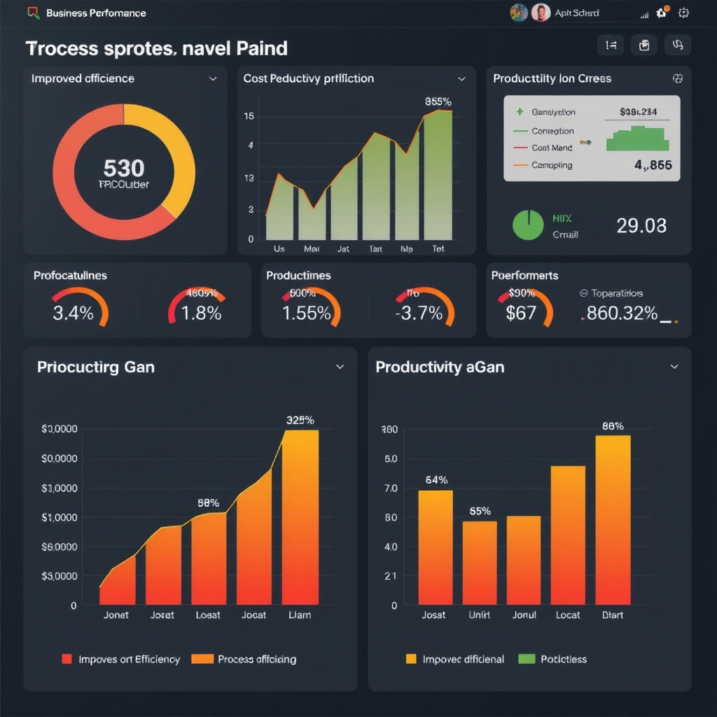 Dashboard showing business performance metrics and KPIs with charts displaying improved efficiency, cost reduction, and productivity gains after process optimization