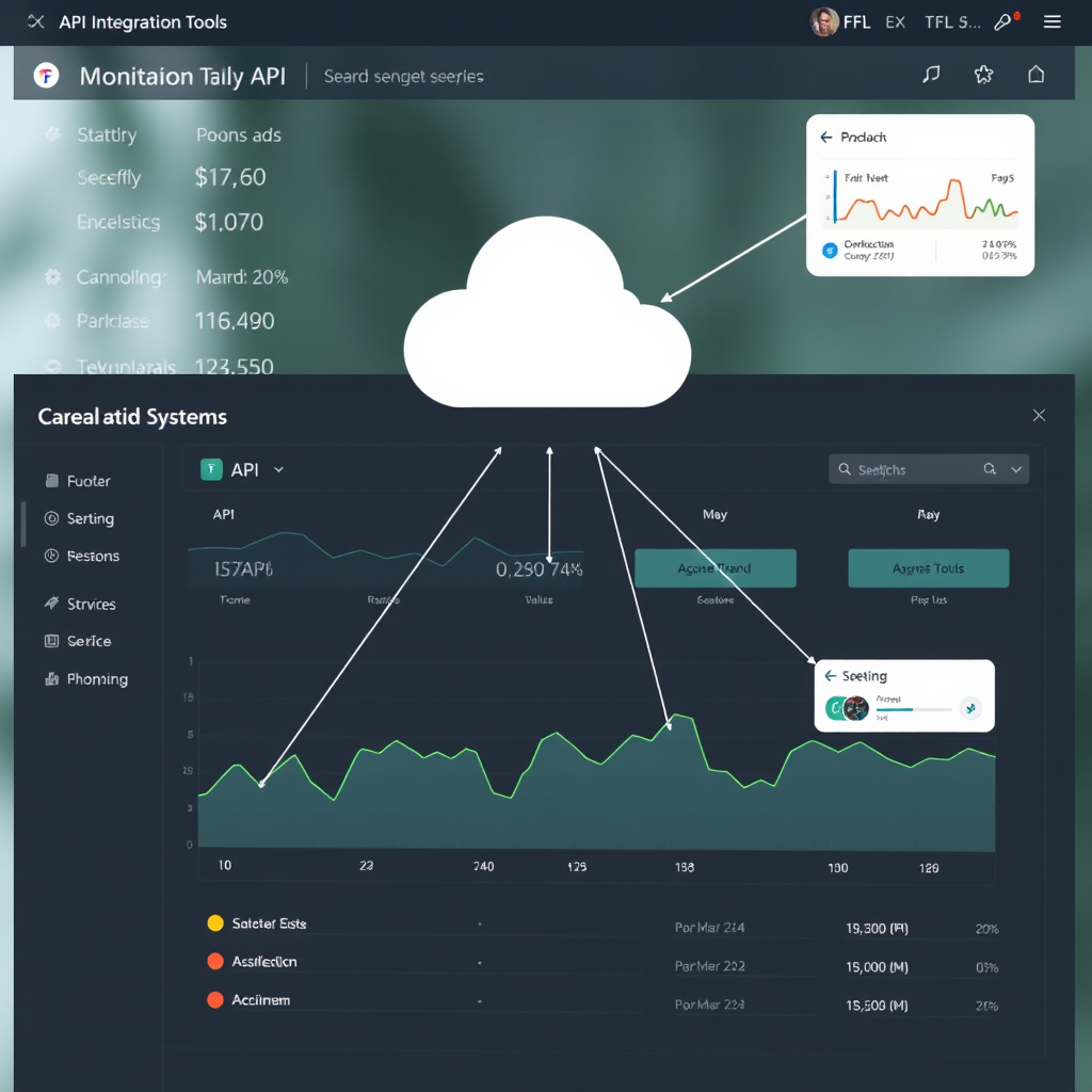 Modern API integration dashboard showing real-time data connections between various business systems with TFL monitoring tools