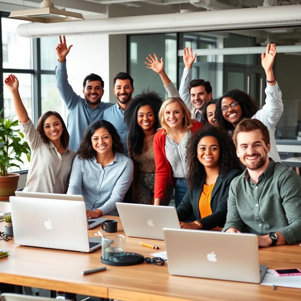 Diverse team celebrating successful TFL implementation in modern office environment with laptops and collaboration tools