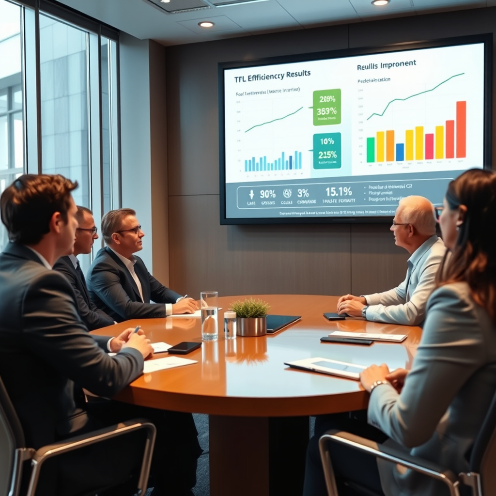 Professional business meeting room with Fortune 500 executives reviewing TFL implementation results on large presentation screen showing 250% efficiency improvement charts and graphs
