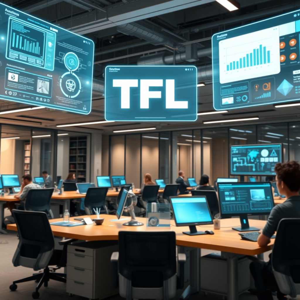 Futuristic office environment with holographic displays showing TFL workflow automation in action, featuring floating data visualizations, AI-powered interfaces, and collaborative workspaces with modern technology integration
