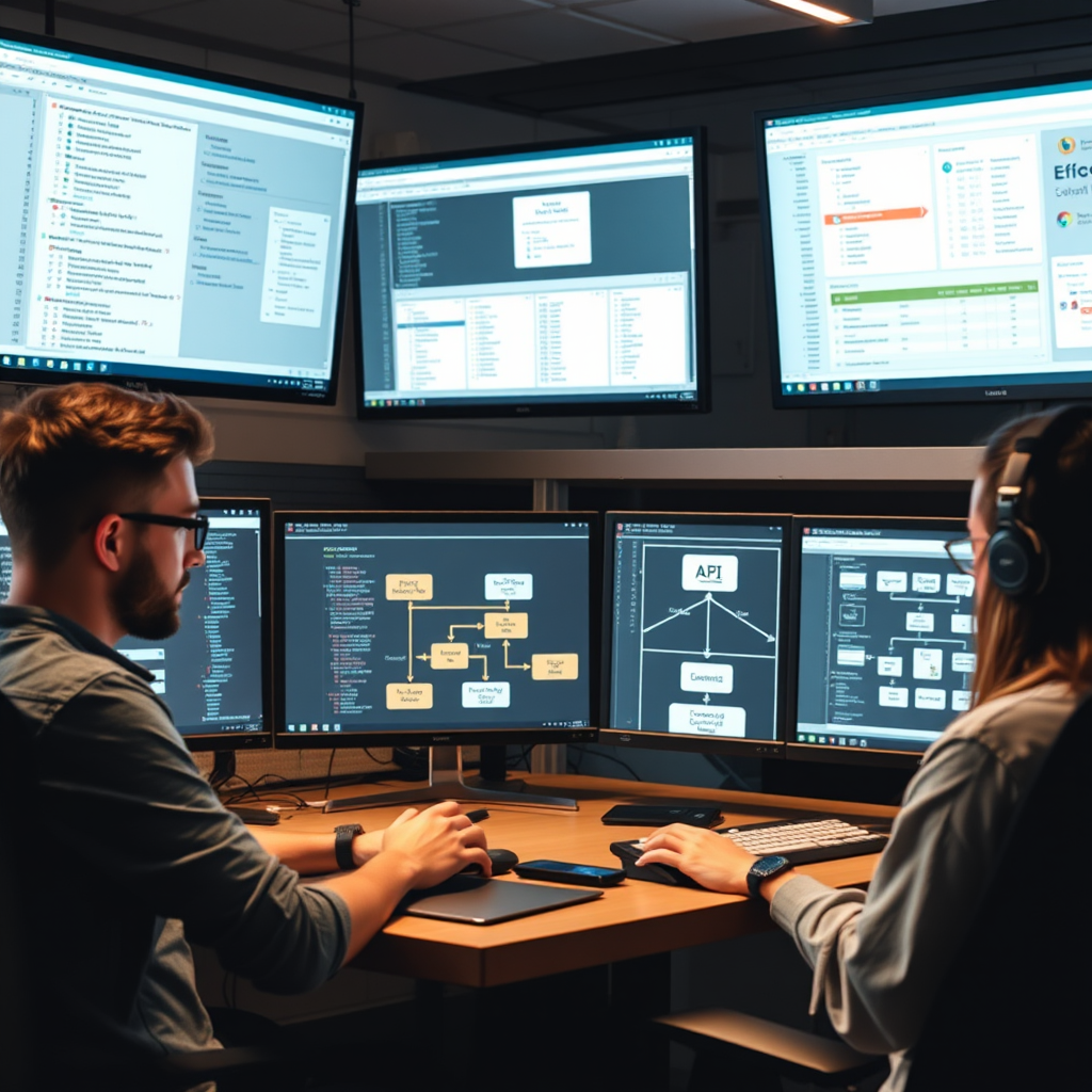 Software developers working on custom integration solutions with multiple computer screens showing API connections, database schemas, and system architecture diagrams connecting various business applications