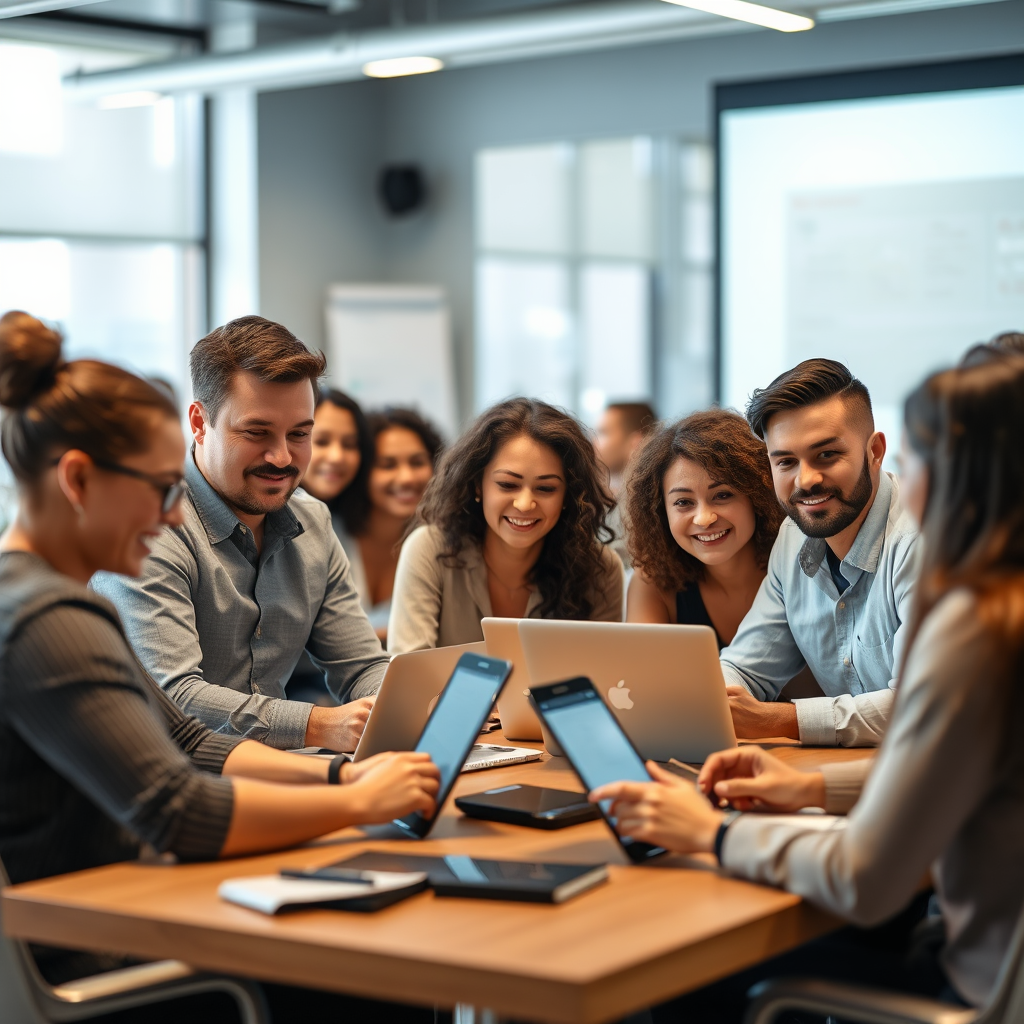 Diverse team of employees participating in digital transformation training session with laptops, tablets, and collaborative learning environment