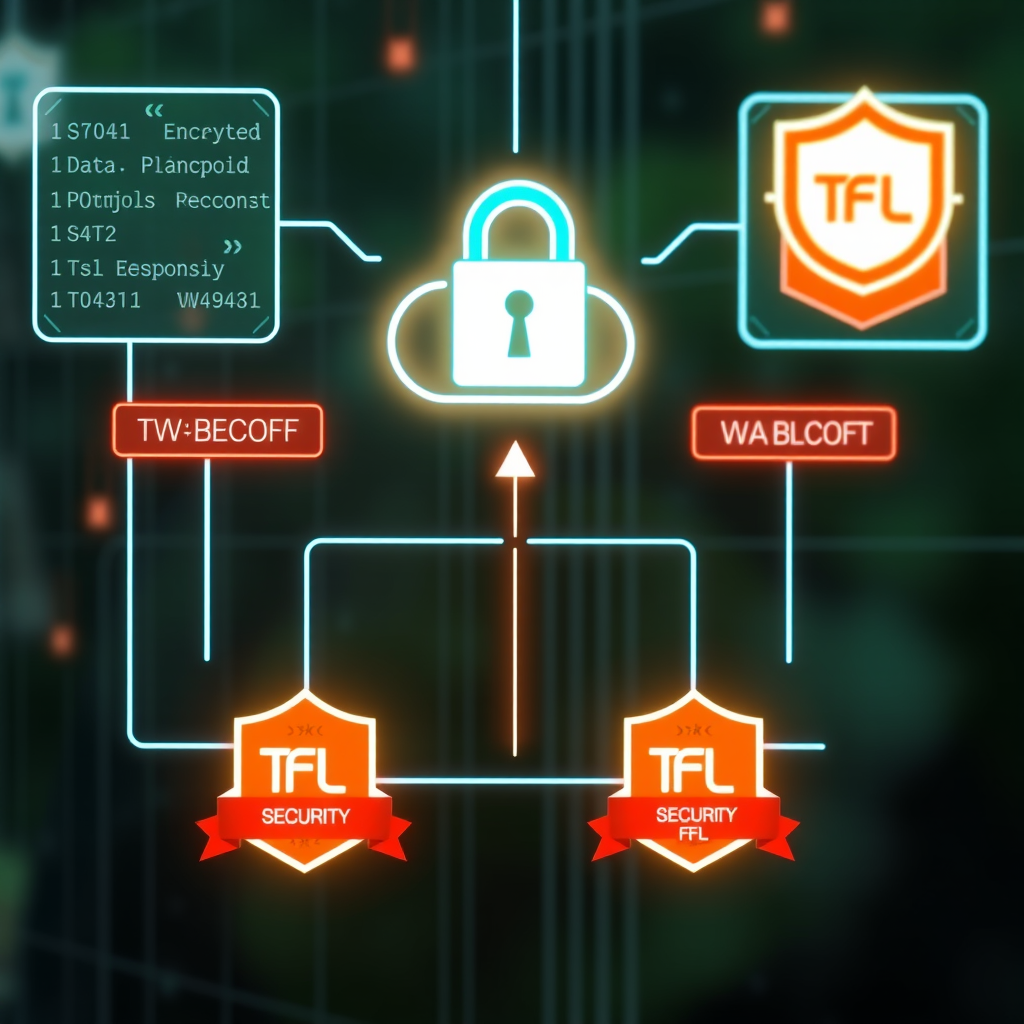 Digital security visualization showing encrypted data flows between integrated systems with TFL security protocols and compliance badges