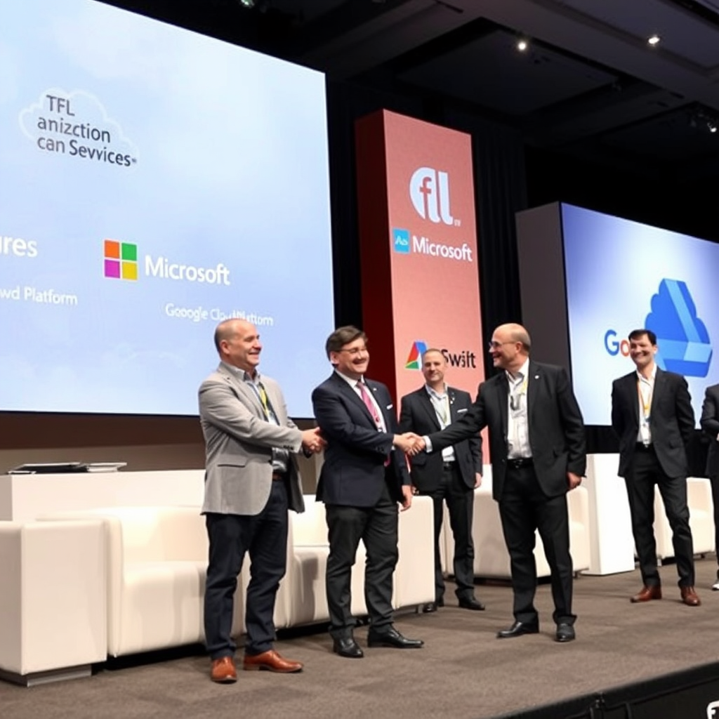 Modern tech conference stage with TFL executives shaking hands with representatives from Amazon Web Services, Microsoft Azure, and Google Cloud Platform, with company logos displayed on backdrop