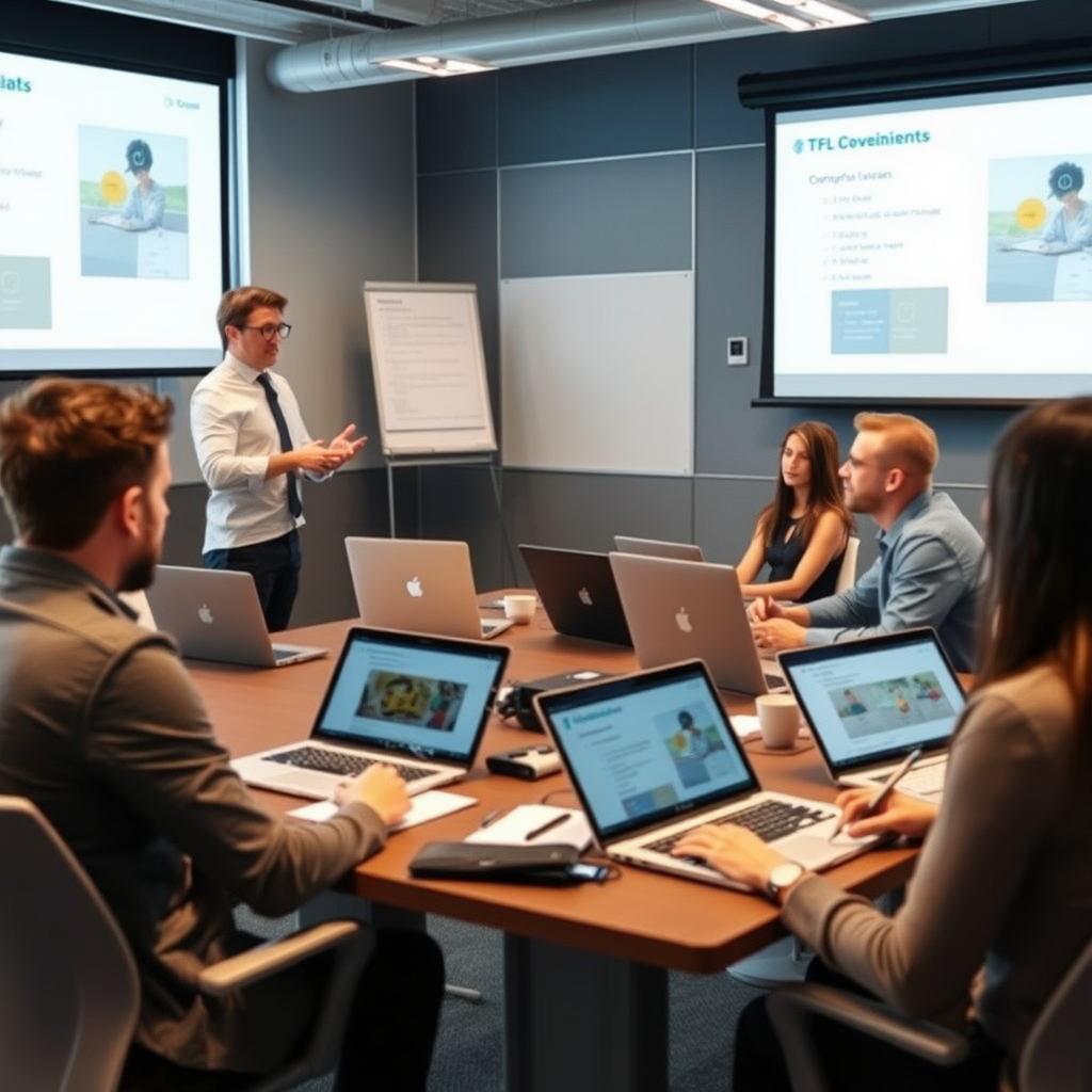 Professional training session with instructor teaching TFL solutions to a group of business professionals in a modern classroom setting with laptops, presentation screens, and hands-on learning materials